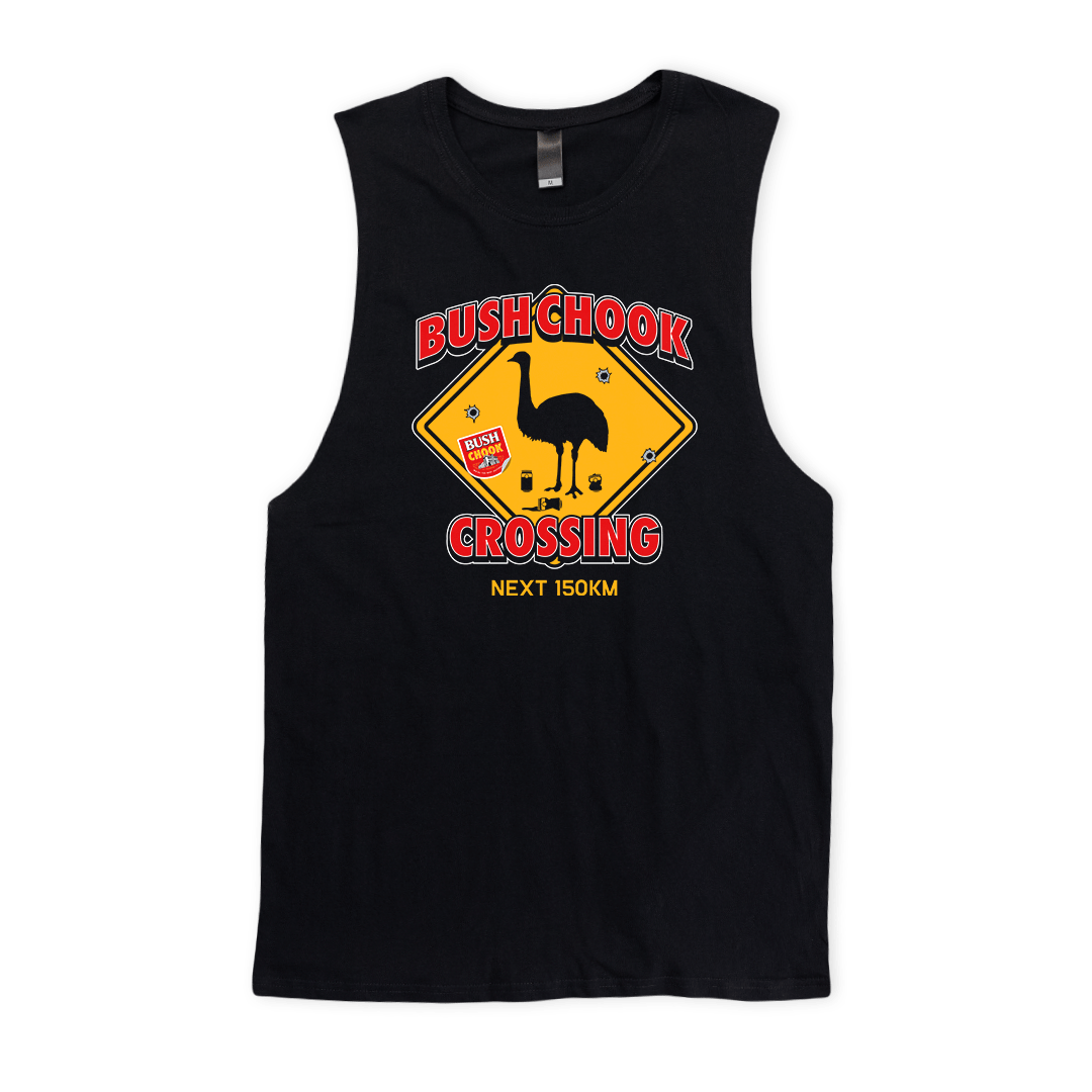 Chook Crossing Muscle Tee Black Muscle Bush Chook