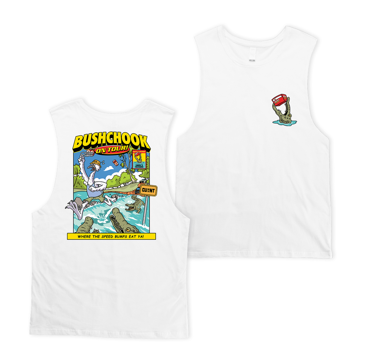 Chooks on Tour: Cahills Crossing Muscle Tee White Muscle Bush Chook