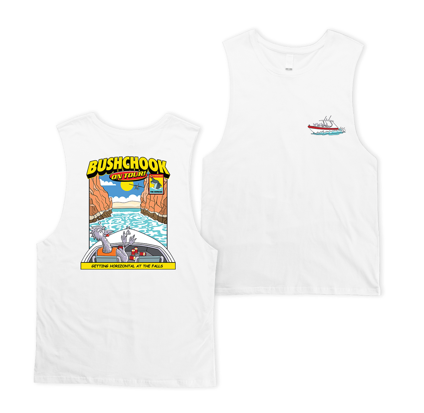 Chooks On Tour: Horizontal Falls Muscle Tee White Muscle Bush Chook