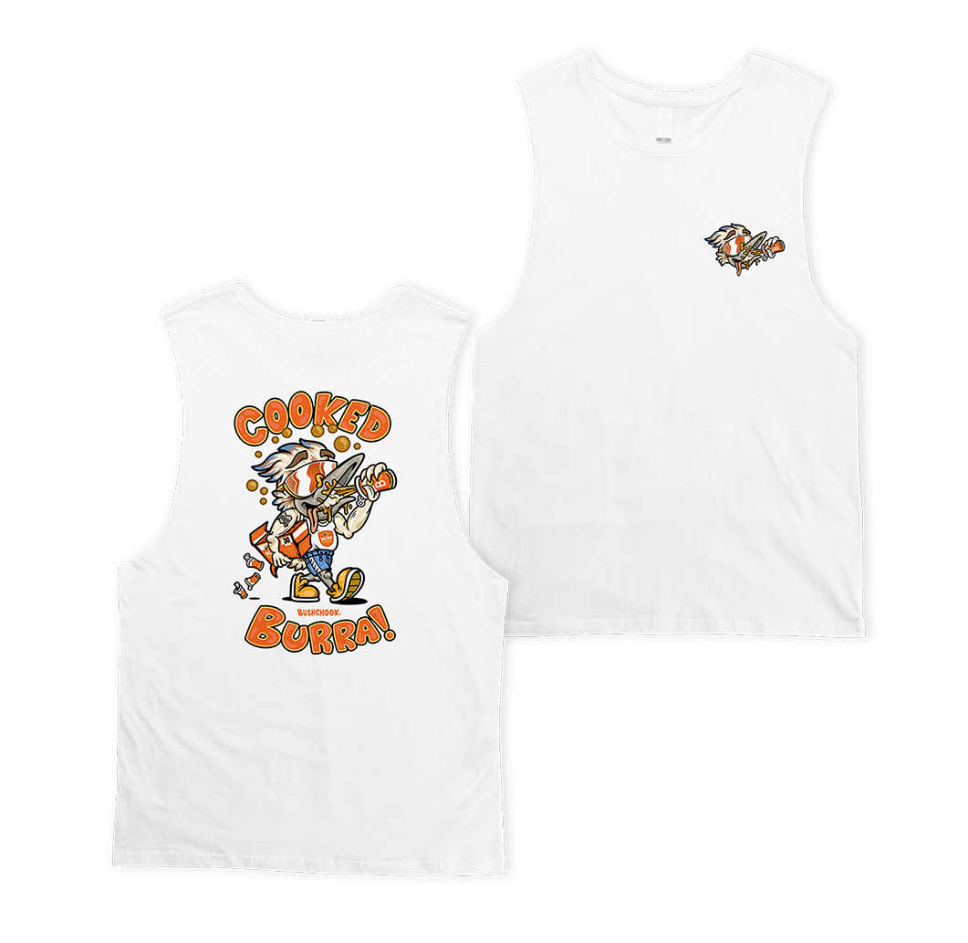 Cooked Burra Muscle Tee White Muscle Bush Chook