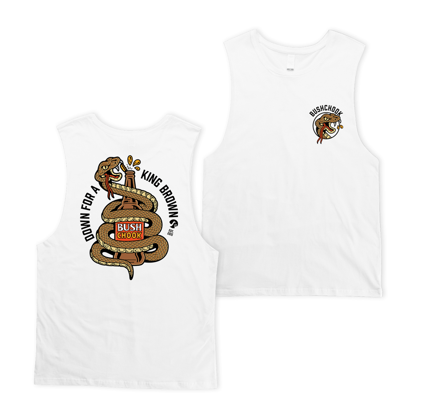 King Brown Muscle Tee White Muscle Bush Chook