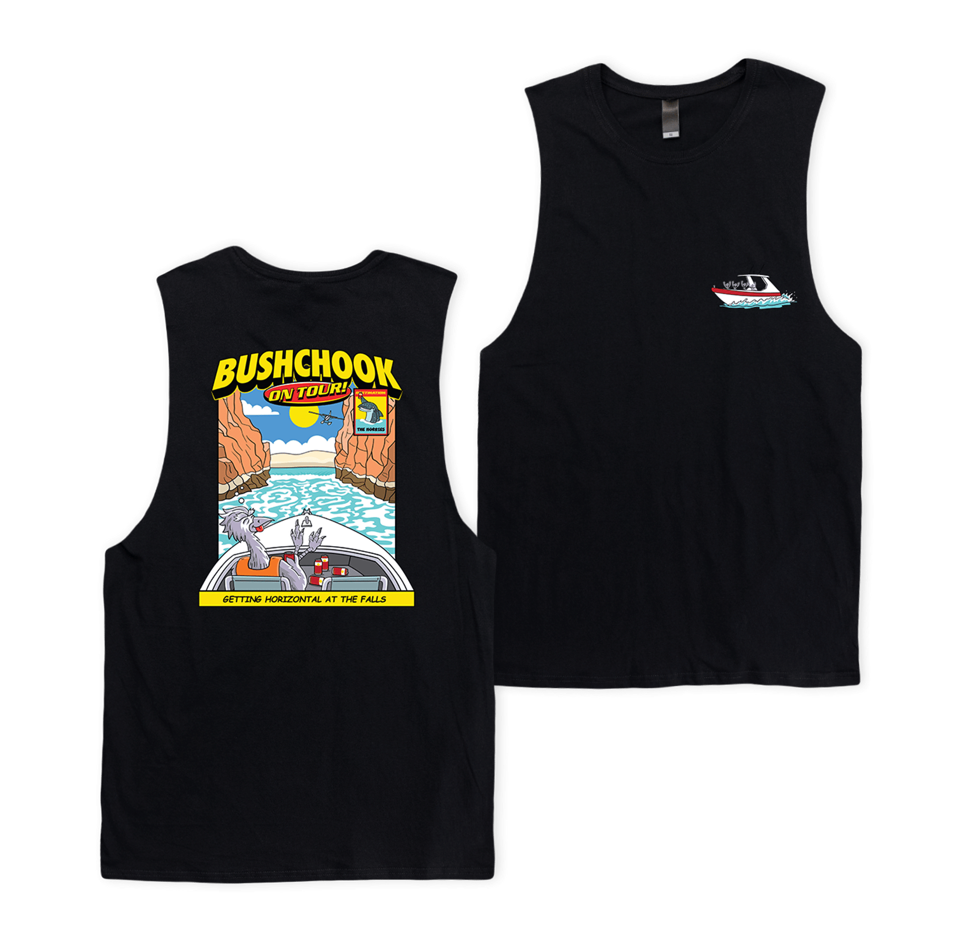 Chooks On Tour: Horizontal Falls Muscle Tee Black Muscle Bush Chook