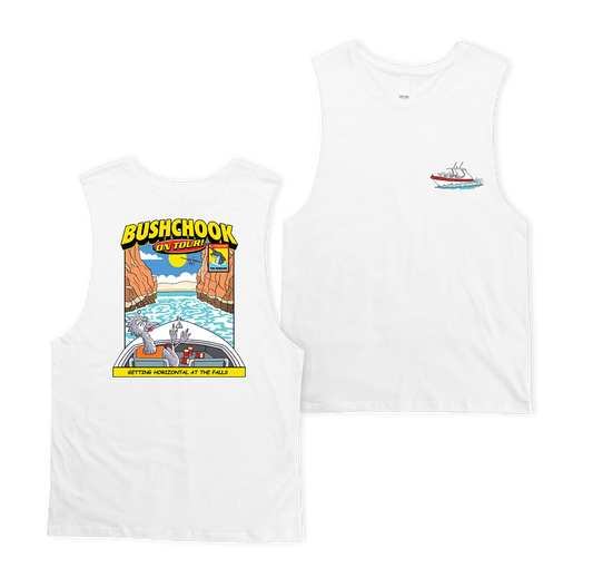Chooks On Tour: Horizontal Falls Muscle Tee White Muscle Bush Chook