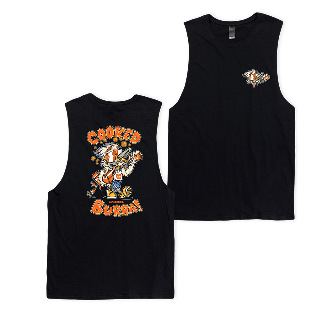 Cooked Burra Muscle Tee Black Muscle Bush Chook