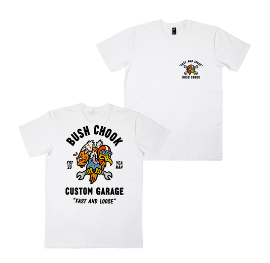 Garage Tee White T-Shirt Bush Chook
