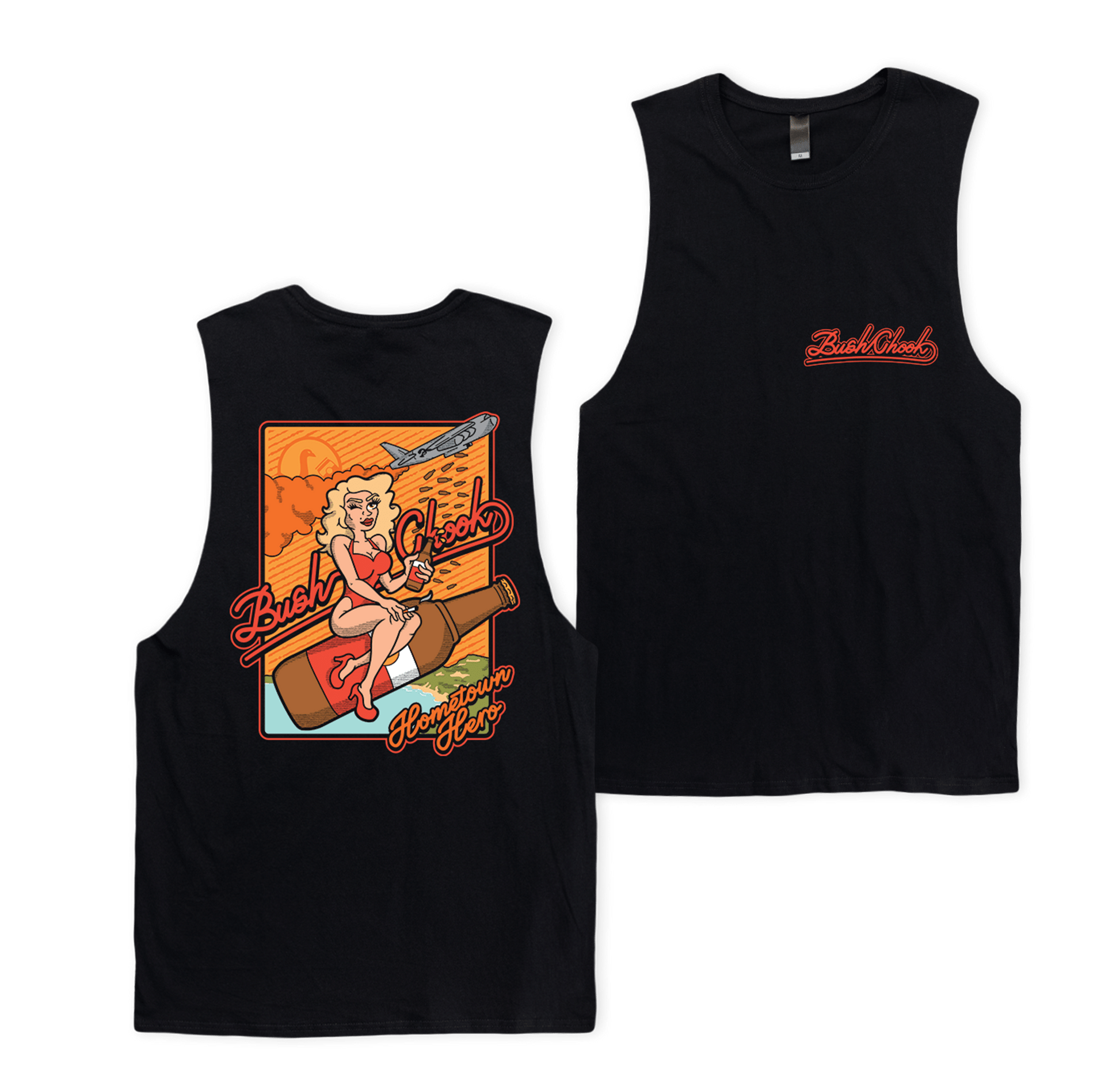 Hometown Hero Muscle Tee Black Muscle Bush Chook