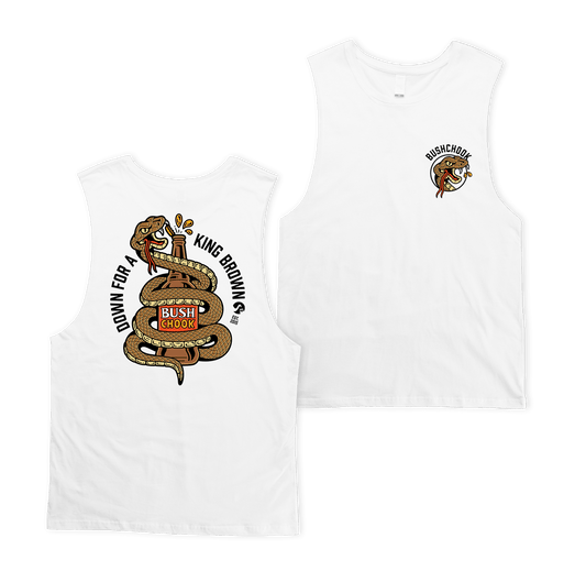 King Brown Muscle Tee White Muscle Bush Chook