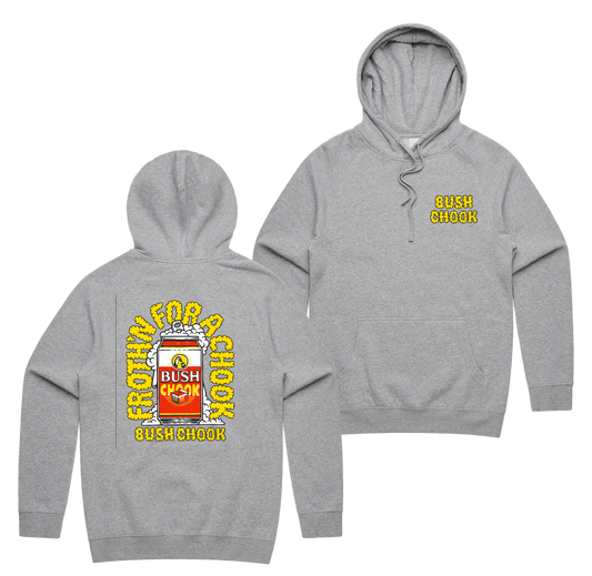 Frothin Chooks Hoodie — Grey Marle front & back