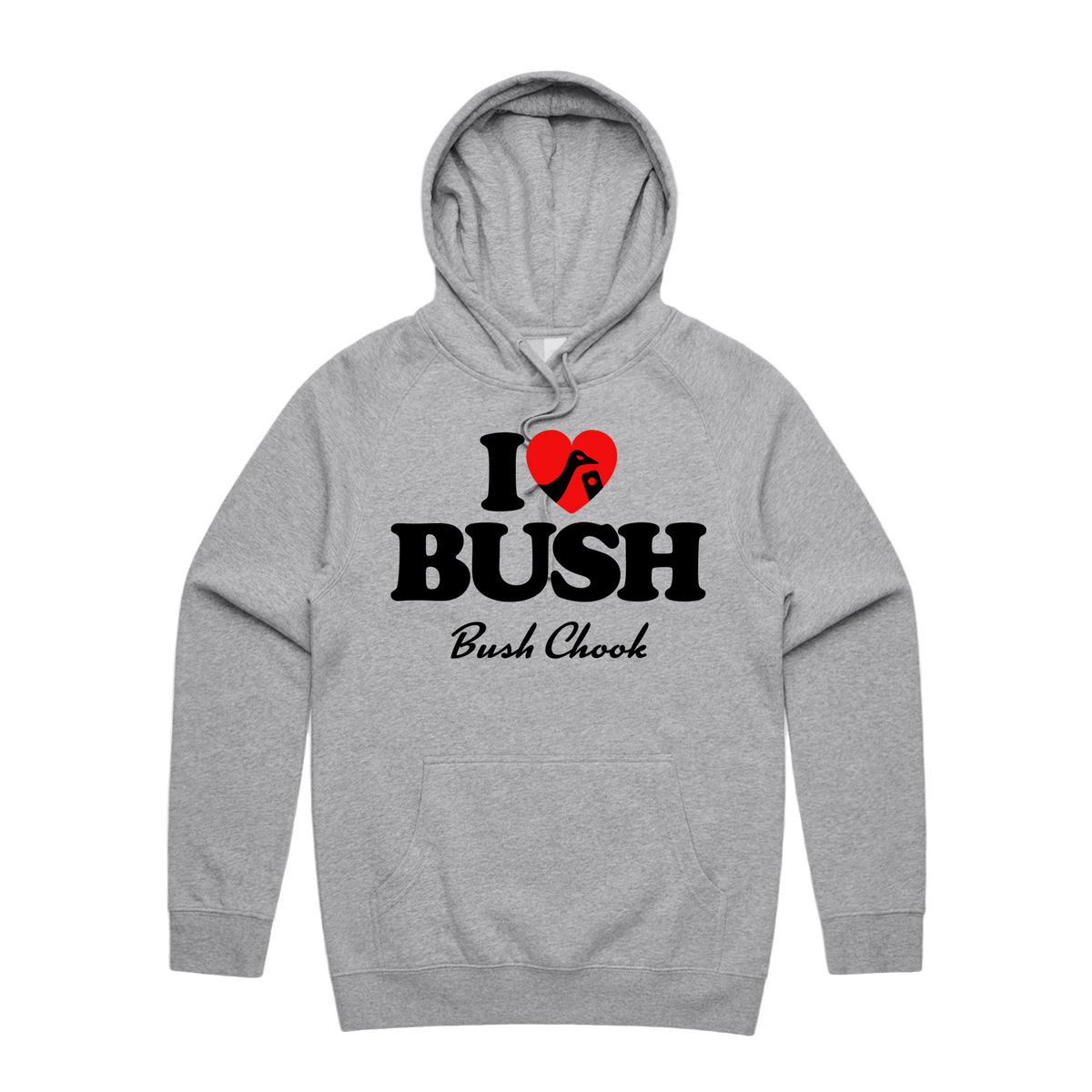 I Love Bush Hoodie — Grey Marle front