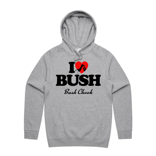 I Love Bush Hoodie — Grey Marle front
