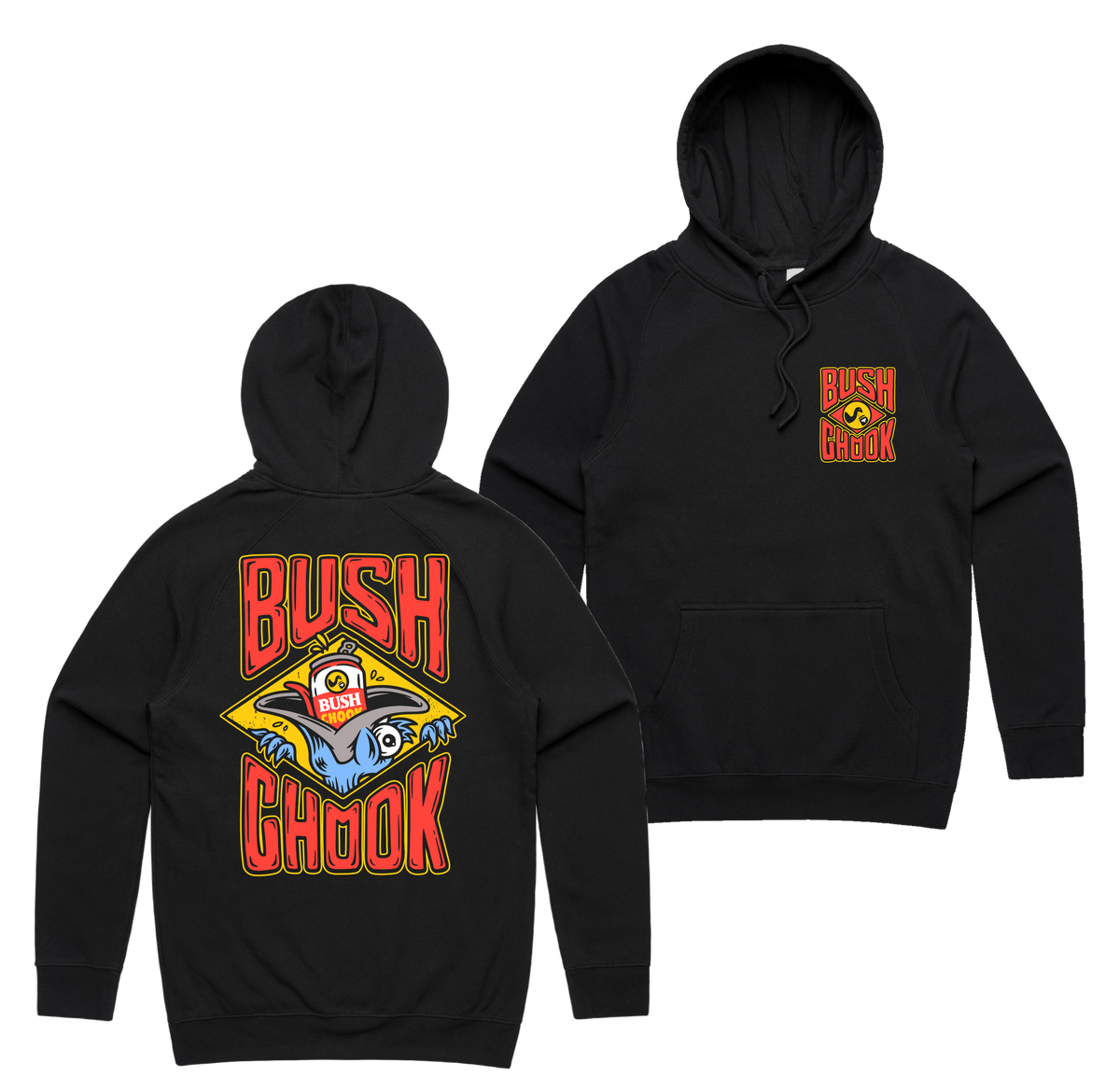 Stuffed Chook Hoodie — Black front & back
